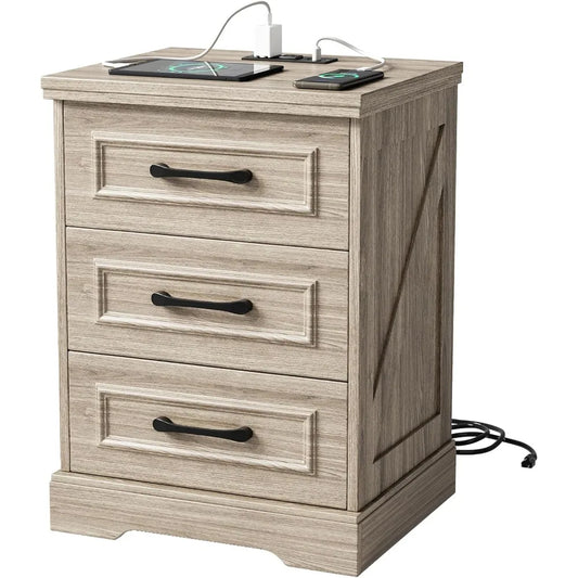Farmhouse Nightstand with Charging Station Woodgrain Gray