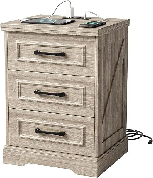 Farmhouse Nightstand with Charging Station Woodgrain Gray