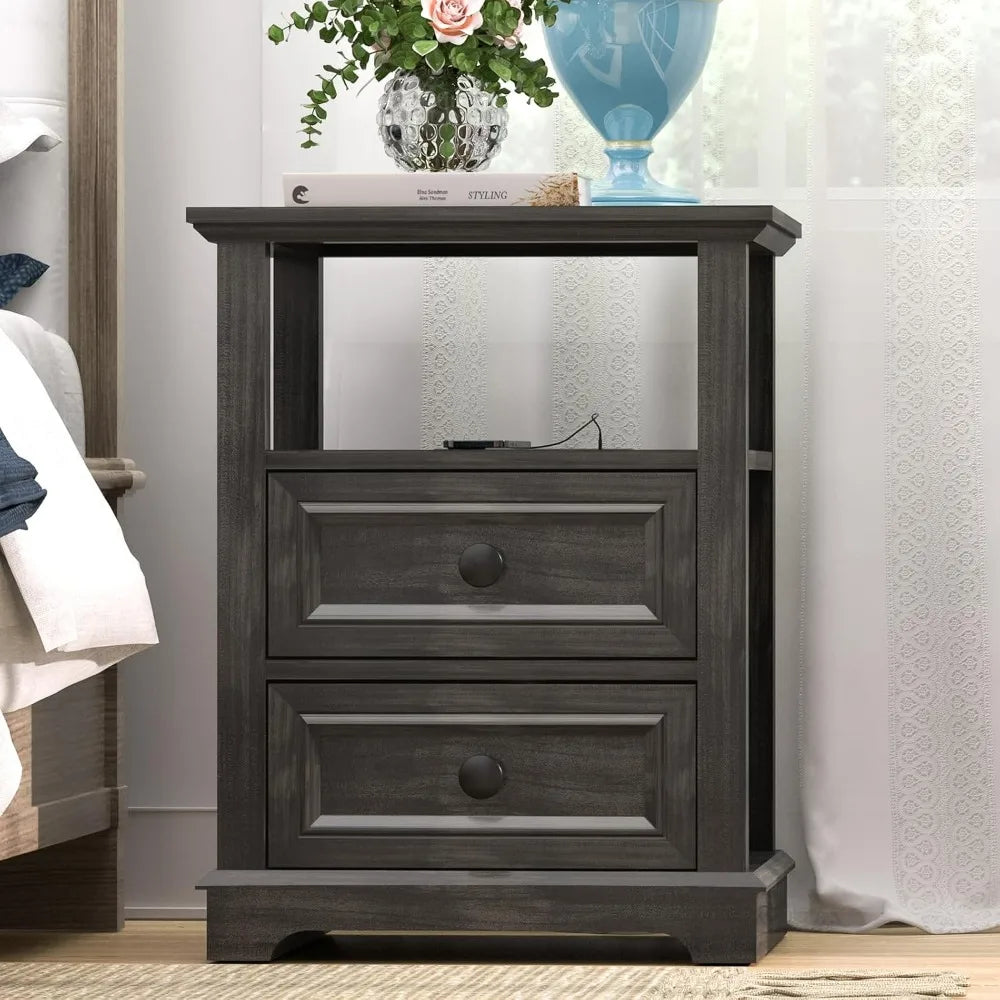 24" Tall Nightstand with Charging Station Rustic Wood