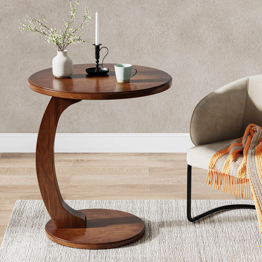 Wood C-Shaped Round Side End Table