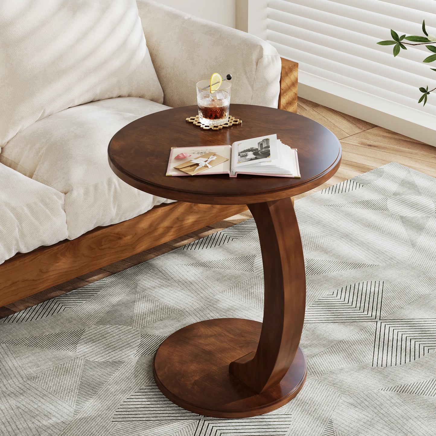 Wood C-Shaped Round Side End Table