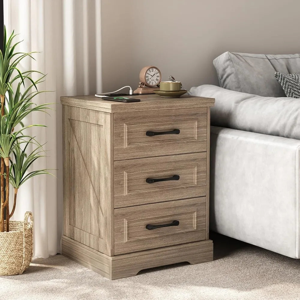 Farmhouse Nightstand with Charging Station Woodgrain Gray