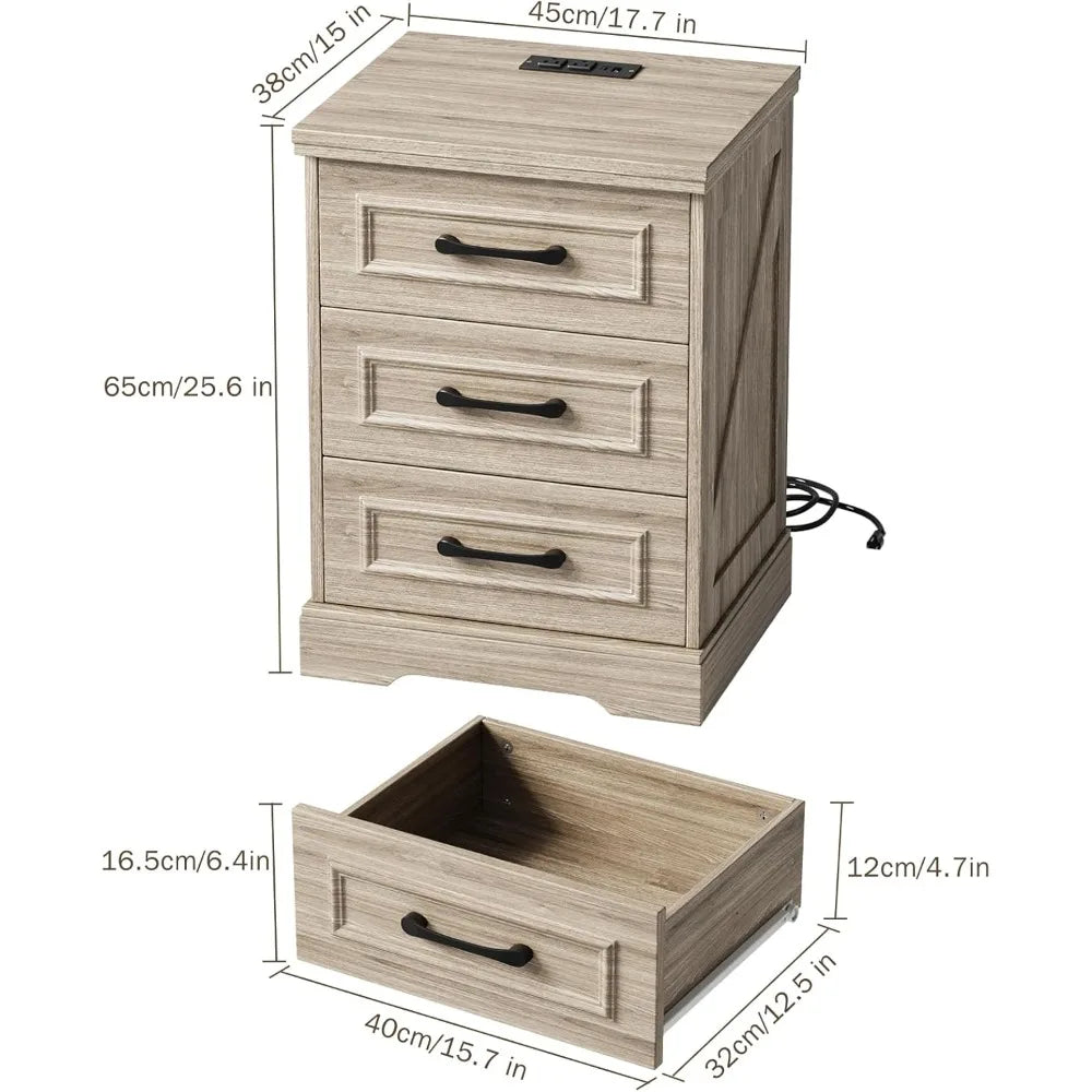 Farmhouse Nightstand with Charging Station Woodgrain Gray