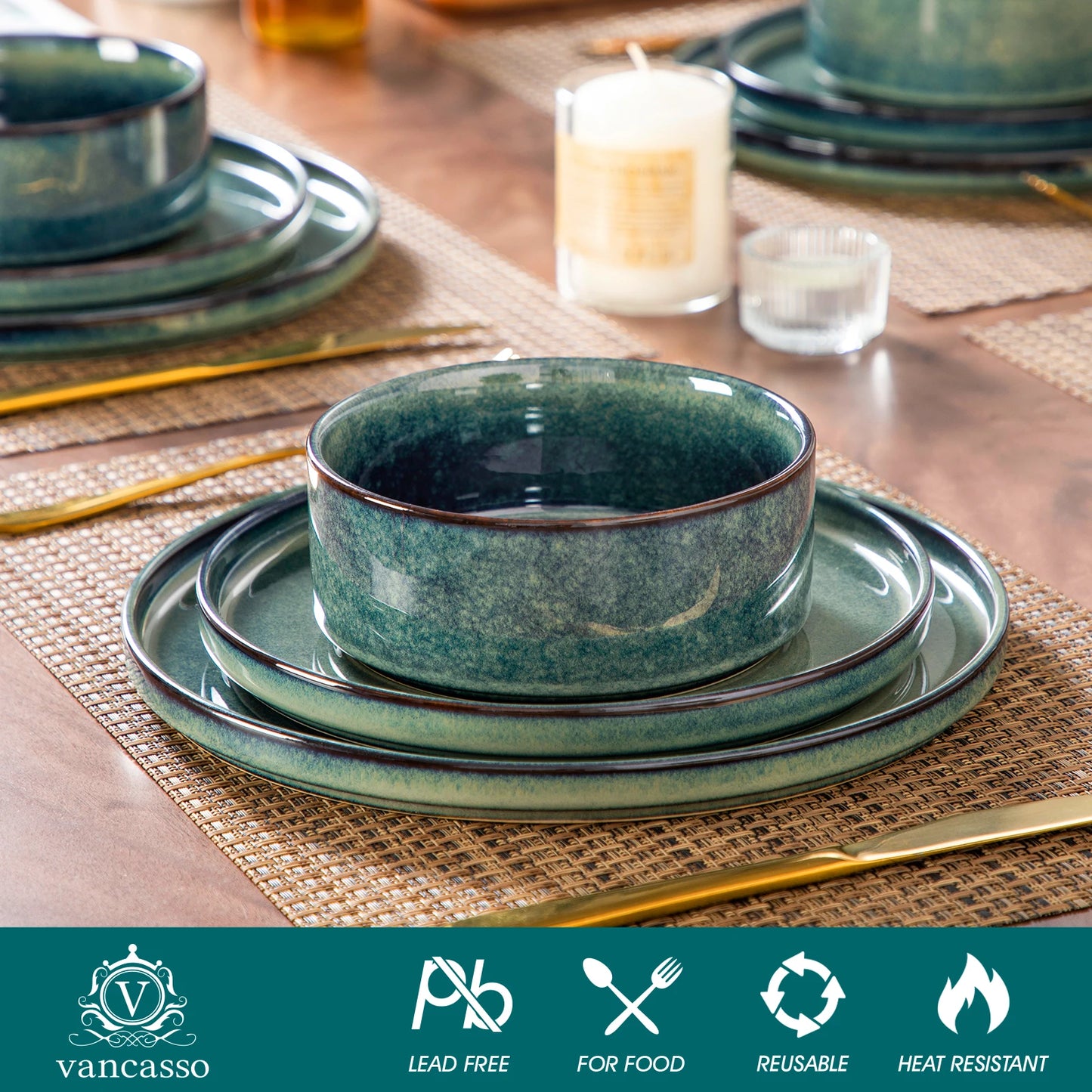 12 Piece Dinner set Black Green Reactive Glaze
