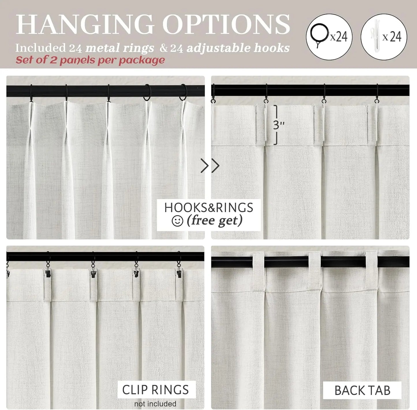Pleated 70 x 96 Inch Curtains 2 Panel Set for Bedroom