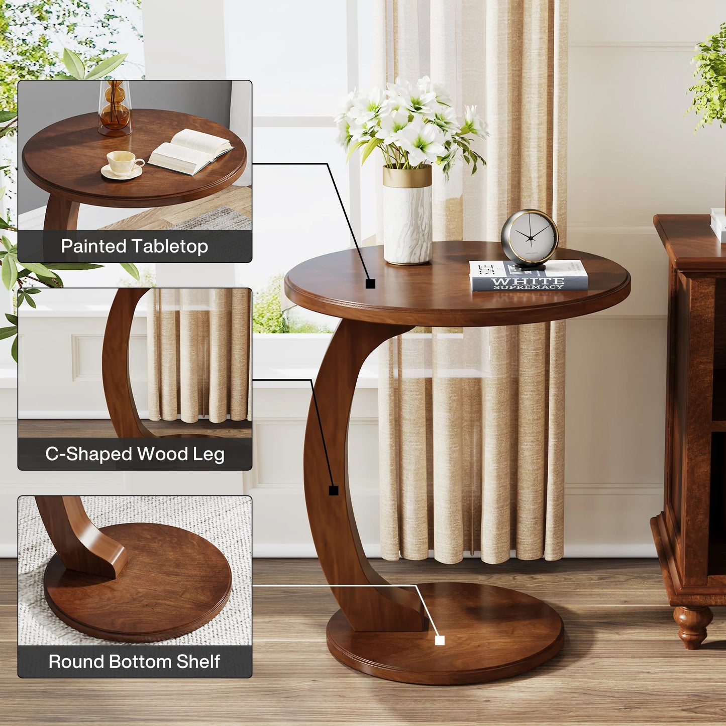 Wood C-Shaped Round Side End Table