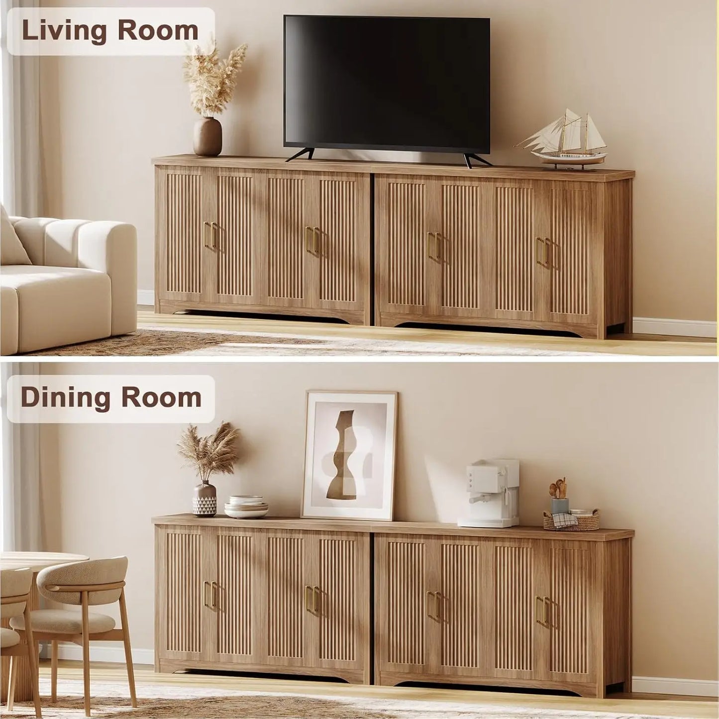 Fluted Buffet Cabinet 4 Doors Coffee Bar Table