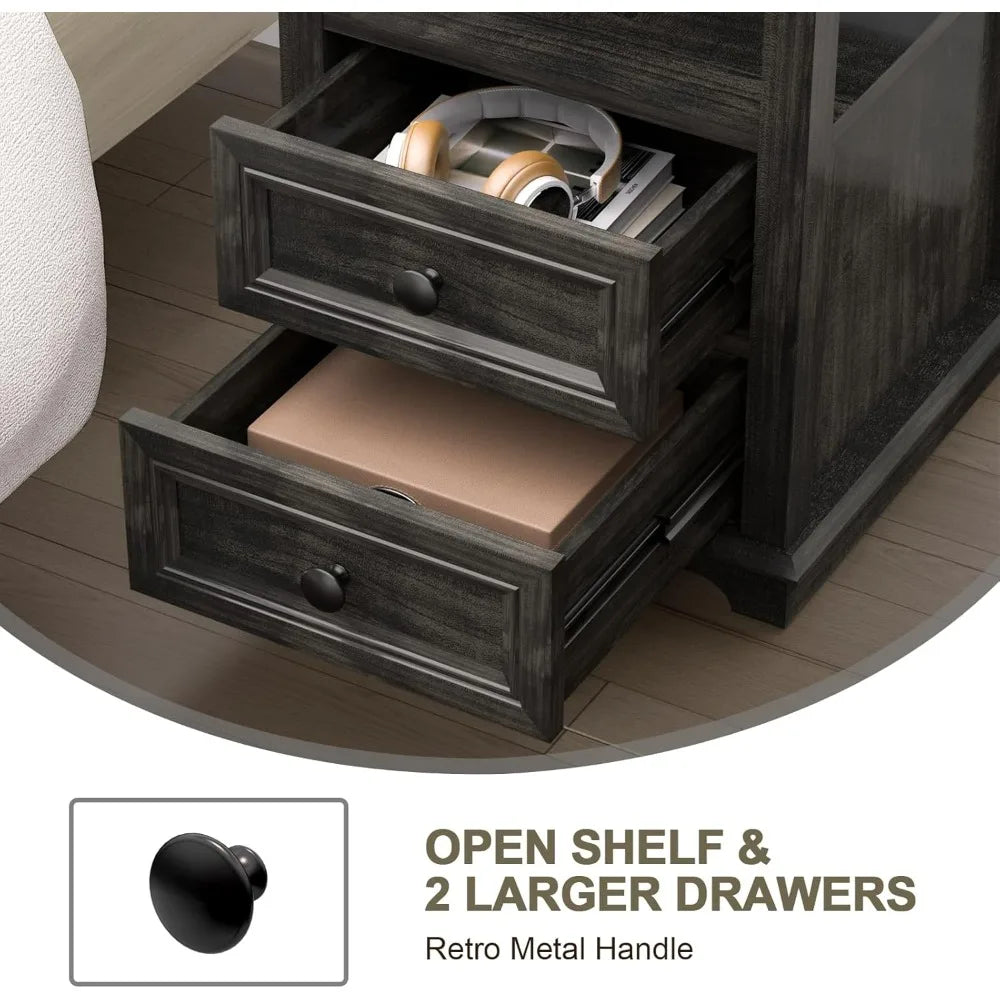 24" Tall Nightstand with Charging Station Rustic Wood
