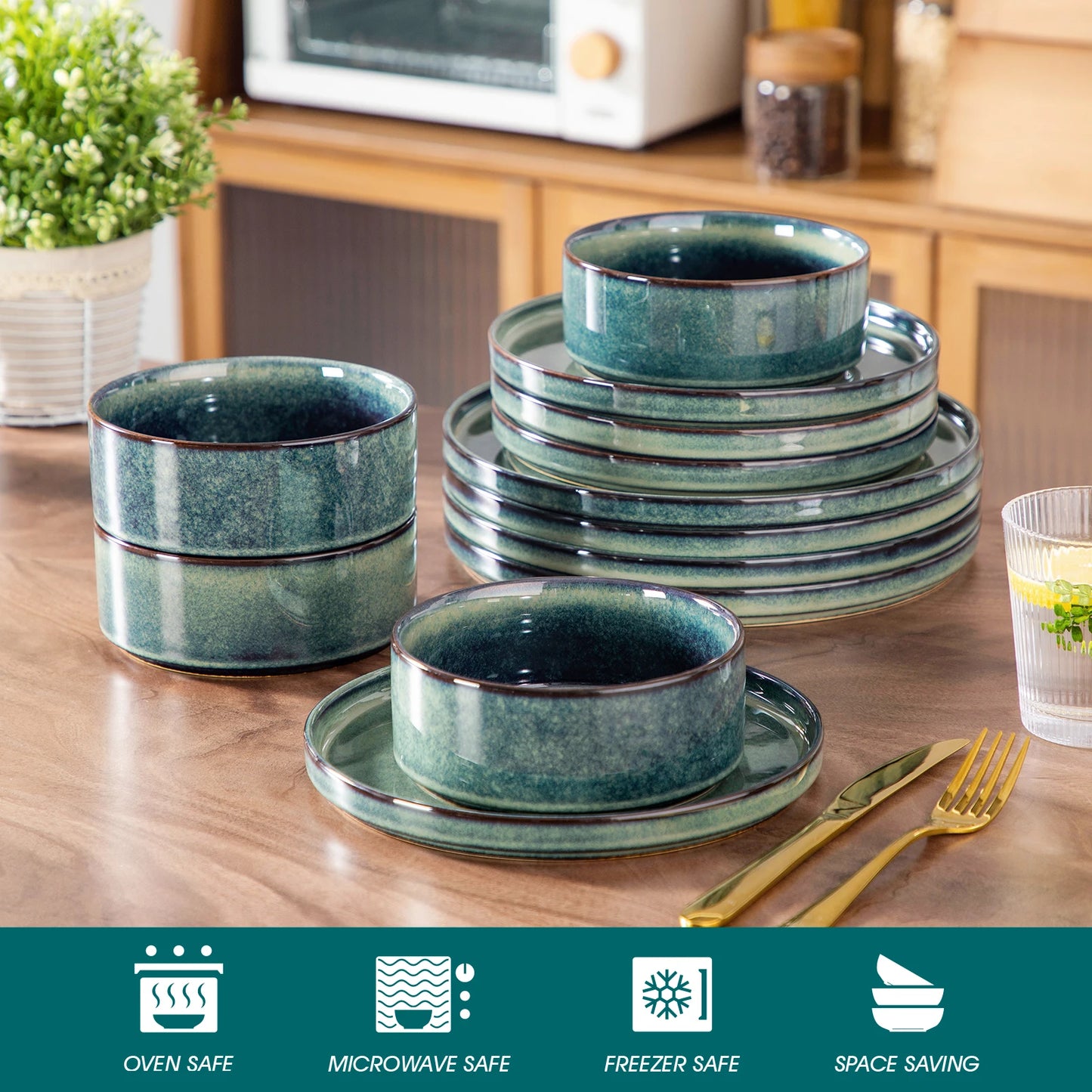 12 Piece Dinner set Black Green Reactive Glaze
