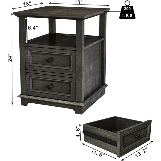 24" Tall Nightstand with Charging Station Rustic Wood