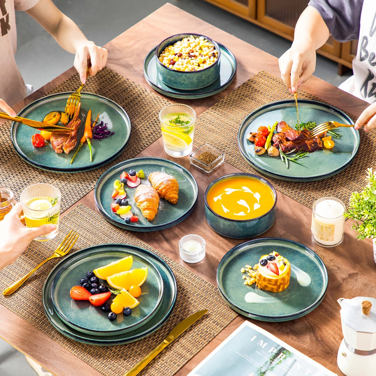 12 Piece Dinner set Black Green Reactive Glaze