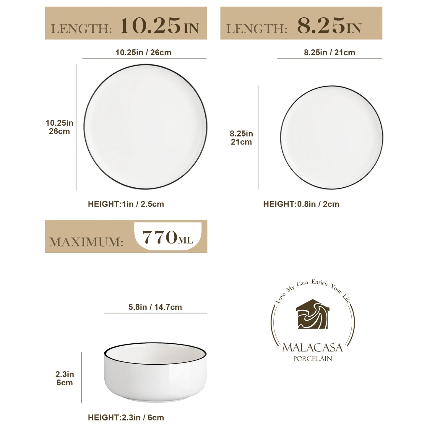 12/24 Piece Black Rim Ceramic Porcelain Dinnerware Set