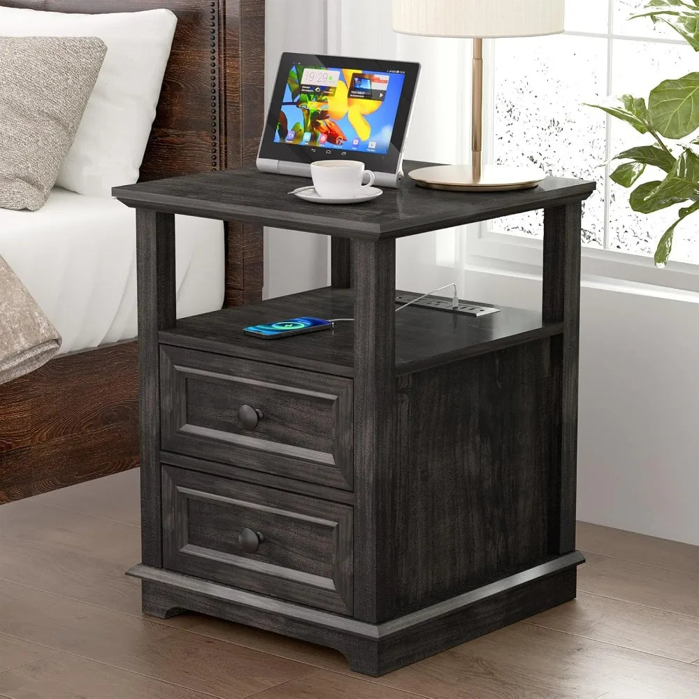 24" Tall Nightstand with Charging Station Rustic Wood