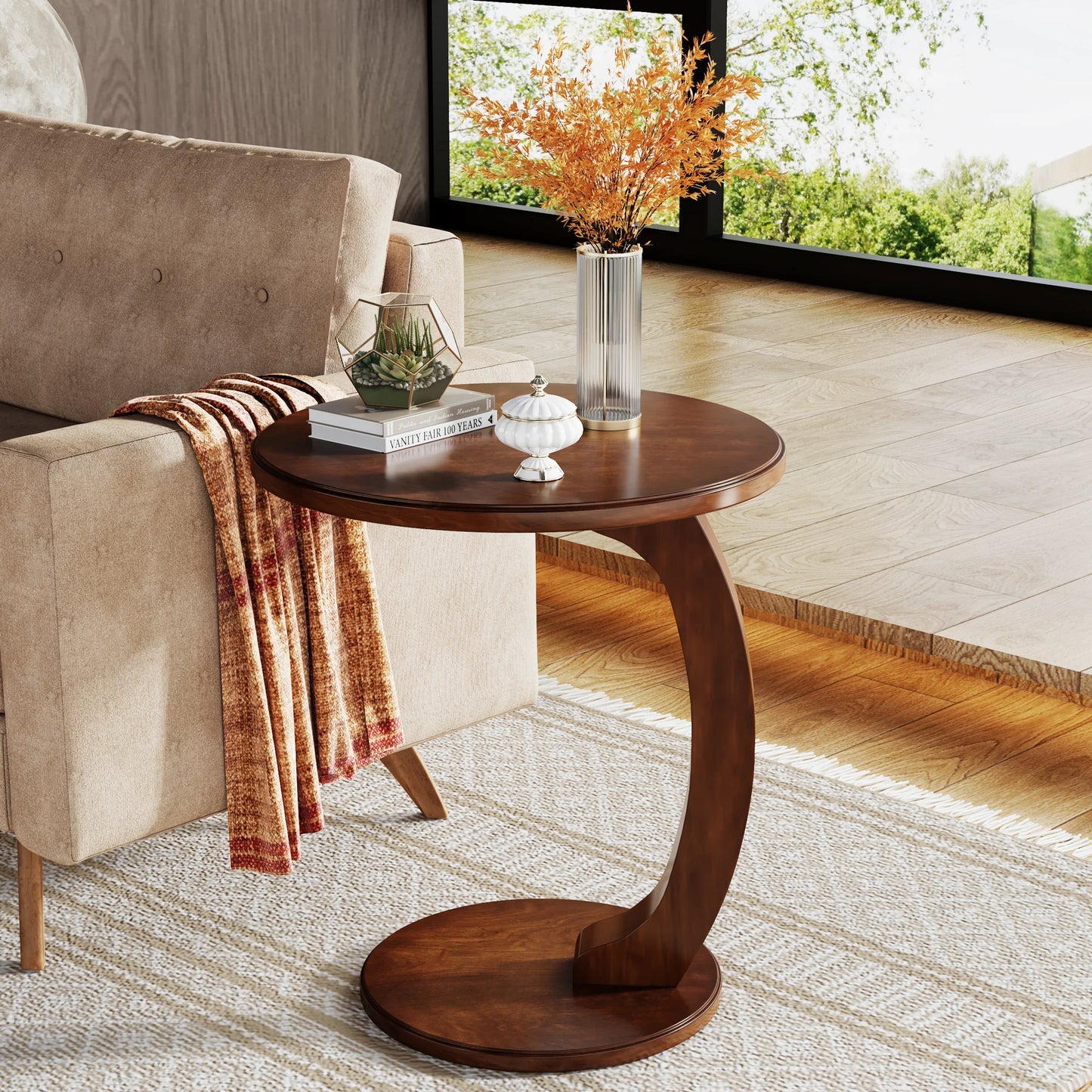 Wood C-Shaped Round Side End Table