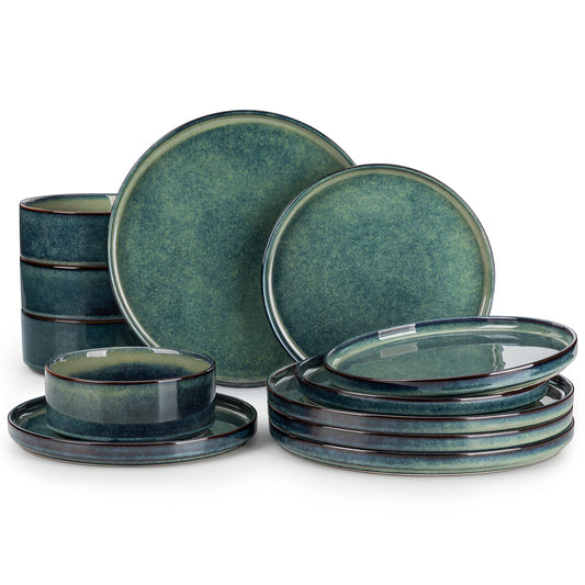 12 Piece Dinner set Black Green Reactive Glaze