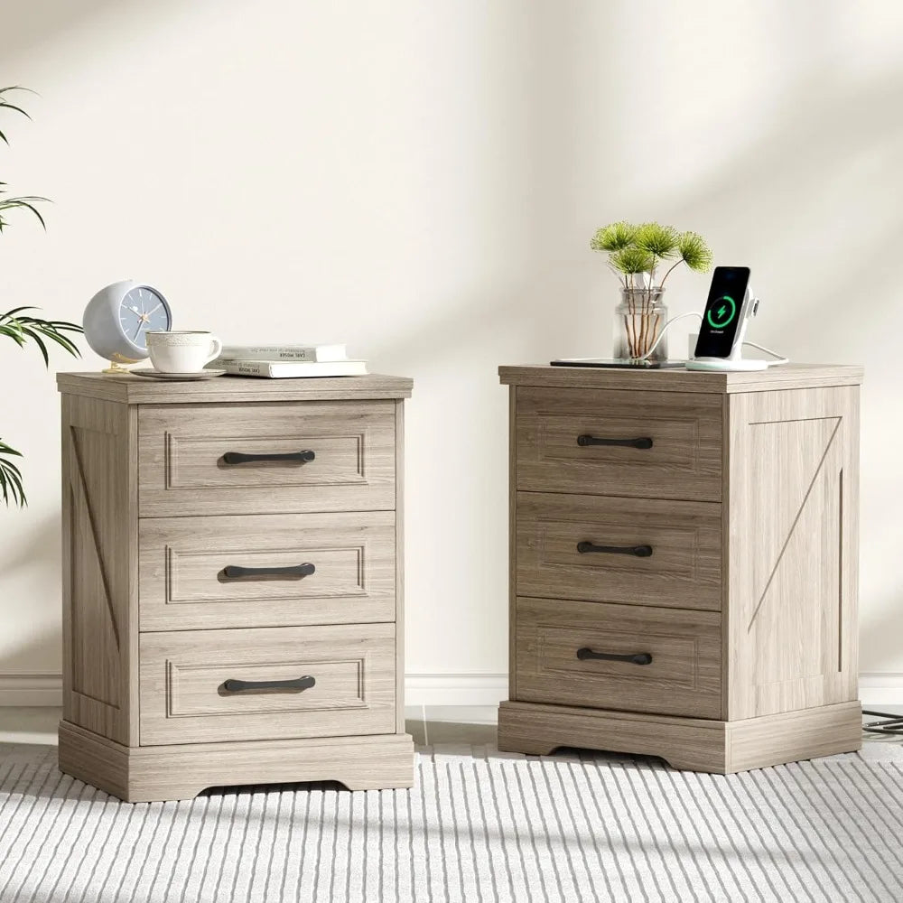 Farmhouse Nightstand with Charging Station Woodgrain Gray