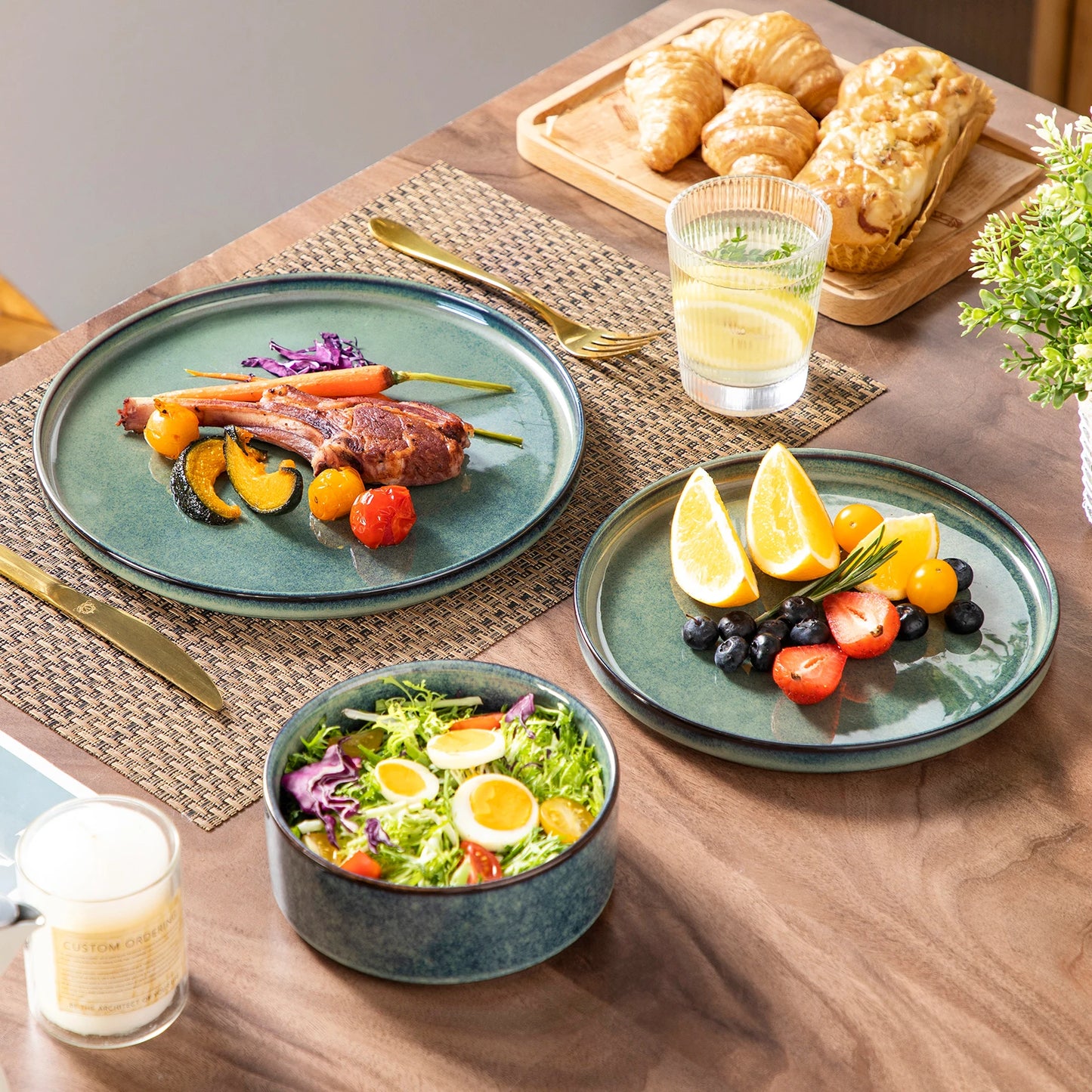 12 Piece Dinner set Black Green Reactive Glaze