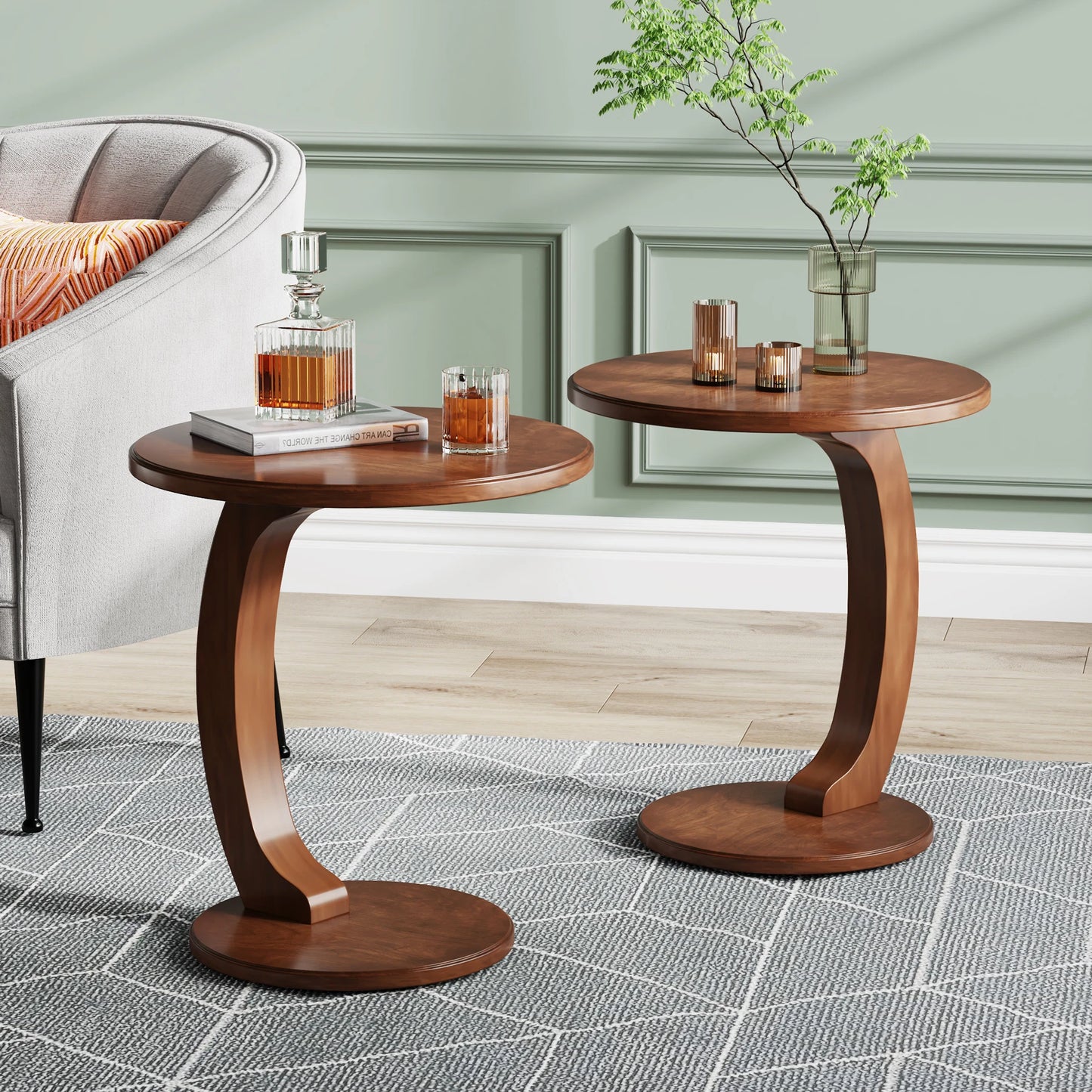 Wood C-Shaped Round Side End Table