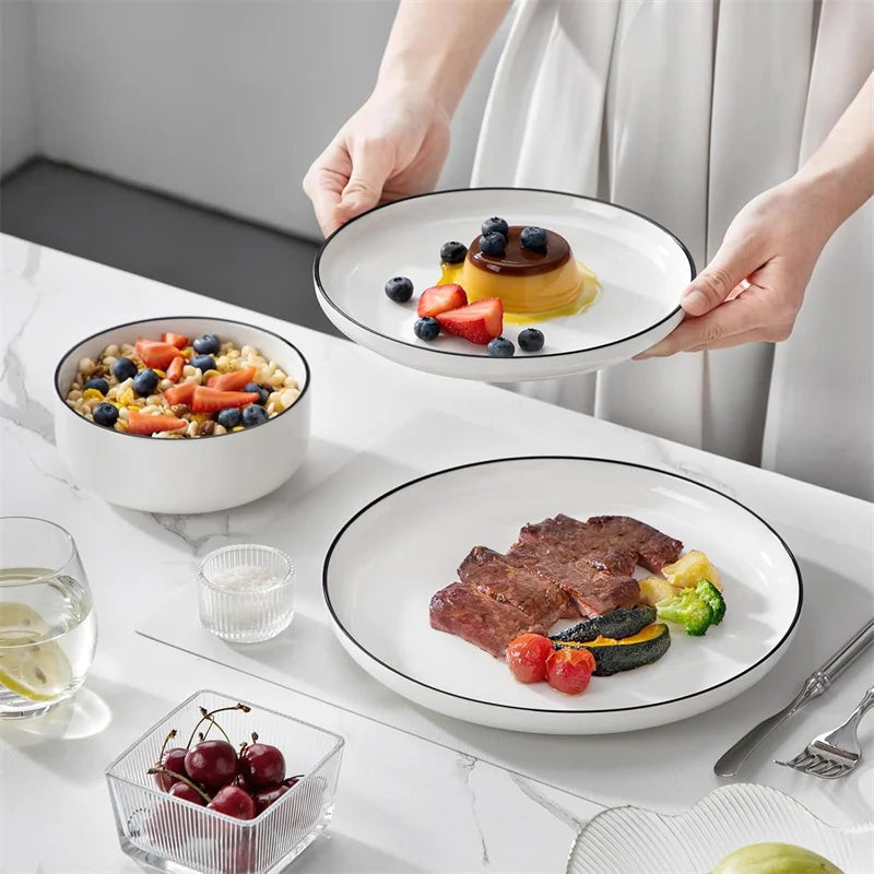 18 Pieces Modern Porcelain Dinnerware Set Black Rim