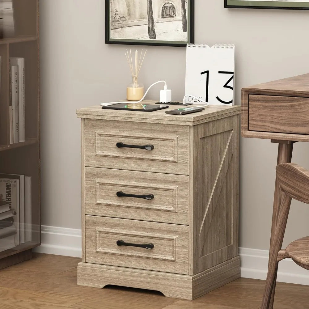 Farmhouse Nightstand with Charging Station Woodgrain Gray
