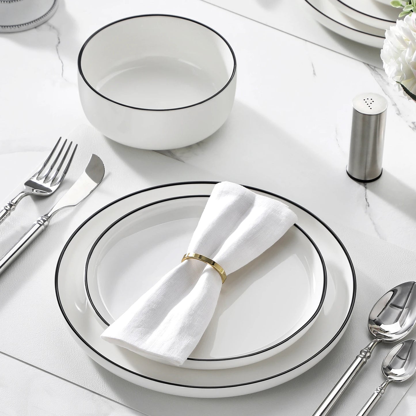 12/24 Piece Black Rim Ceramic Porcelain Dinnerware Set