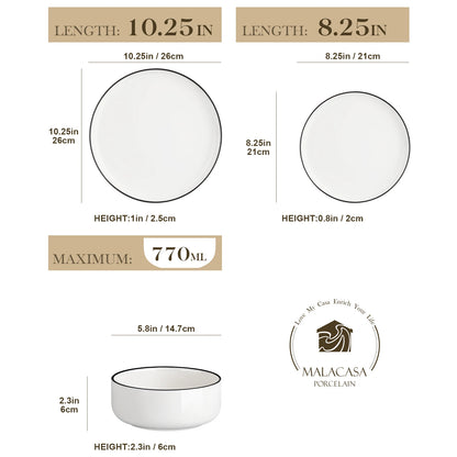 12/24 Piece Black Rim Ceramic Porcelain Dinnerware Set