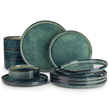 12 Piece Dinner set Black Green Reactive Glaze