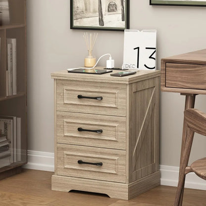 Farmhouse Nightstand with Charging Station Woodgrain Gray